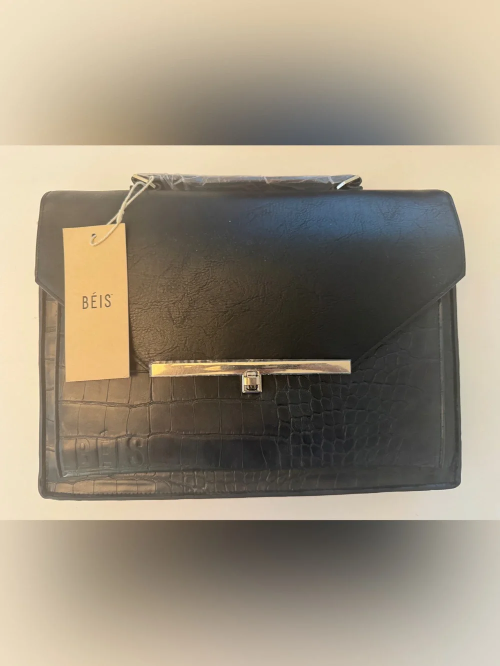 Brand New BEIS Black Croc-Accent Messenger Laptop Bag